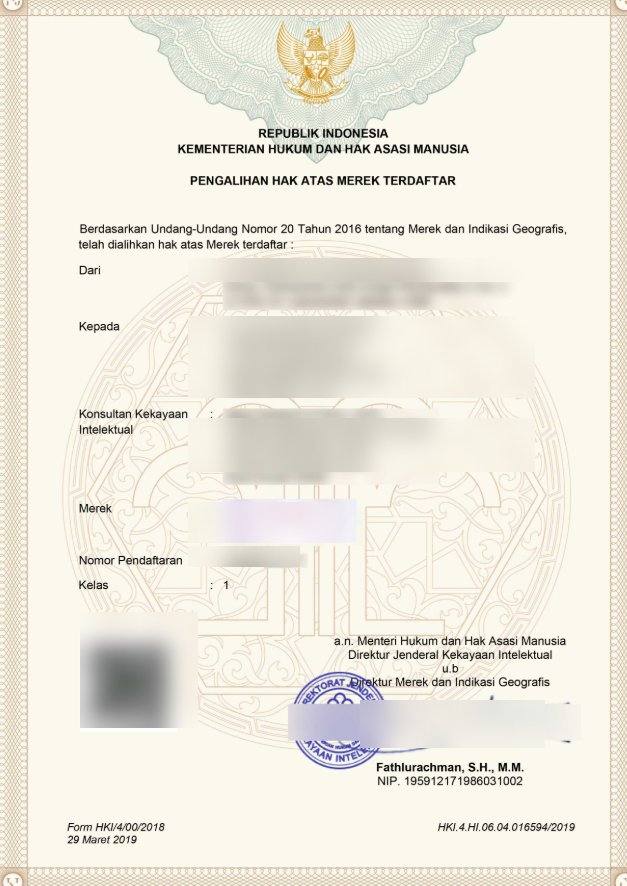 Pengalihan Hak atas Merek (data sensitif disamarkan)
