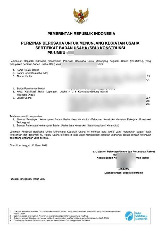 Sertifikat Badan Usaha Konstruksi (data sensitif disamarkan)