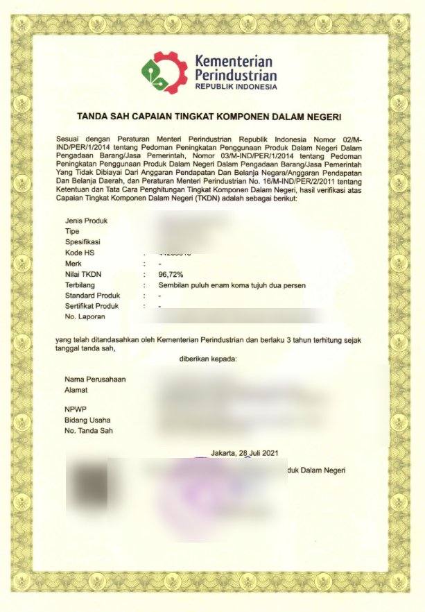 Tanda Sah Capaian TKDN (data sensitif disamarkan)